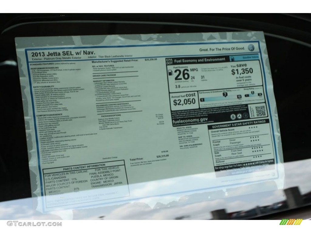 2013 Jetta SEL Sedan - Platinum Gray Metallic / Titan Black photo #27