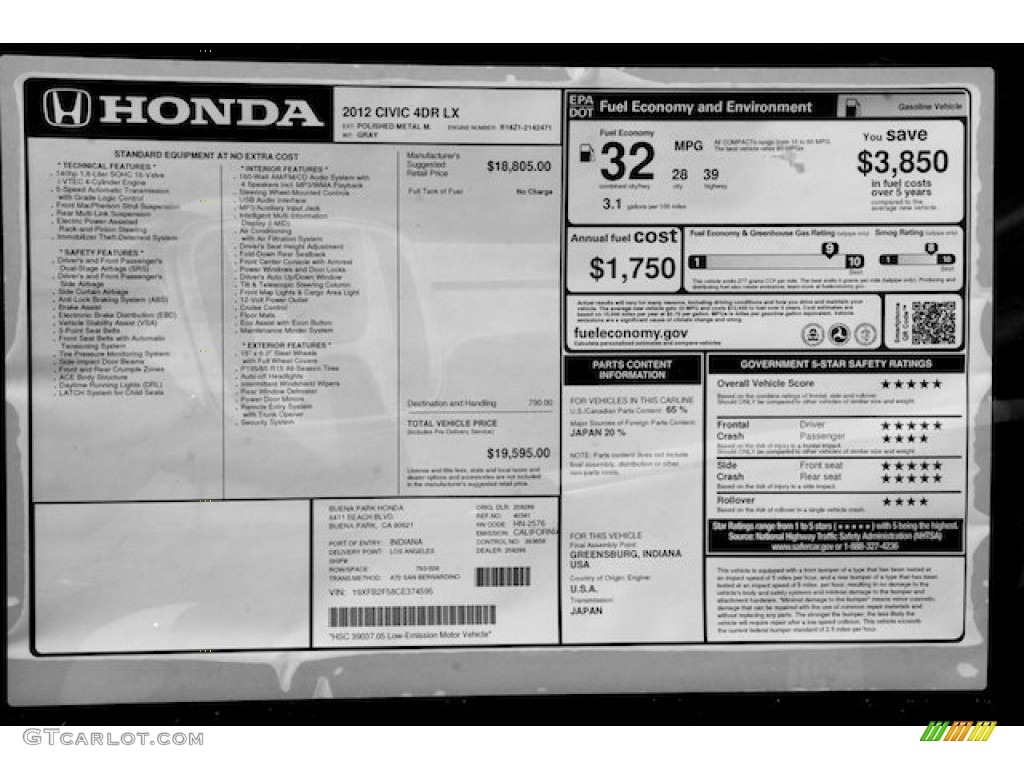 2012 Civic LX Sedan - Polished Metal Metallic / Gray photo #18