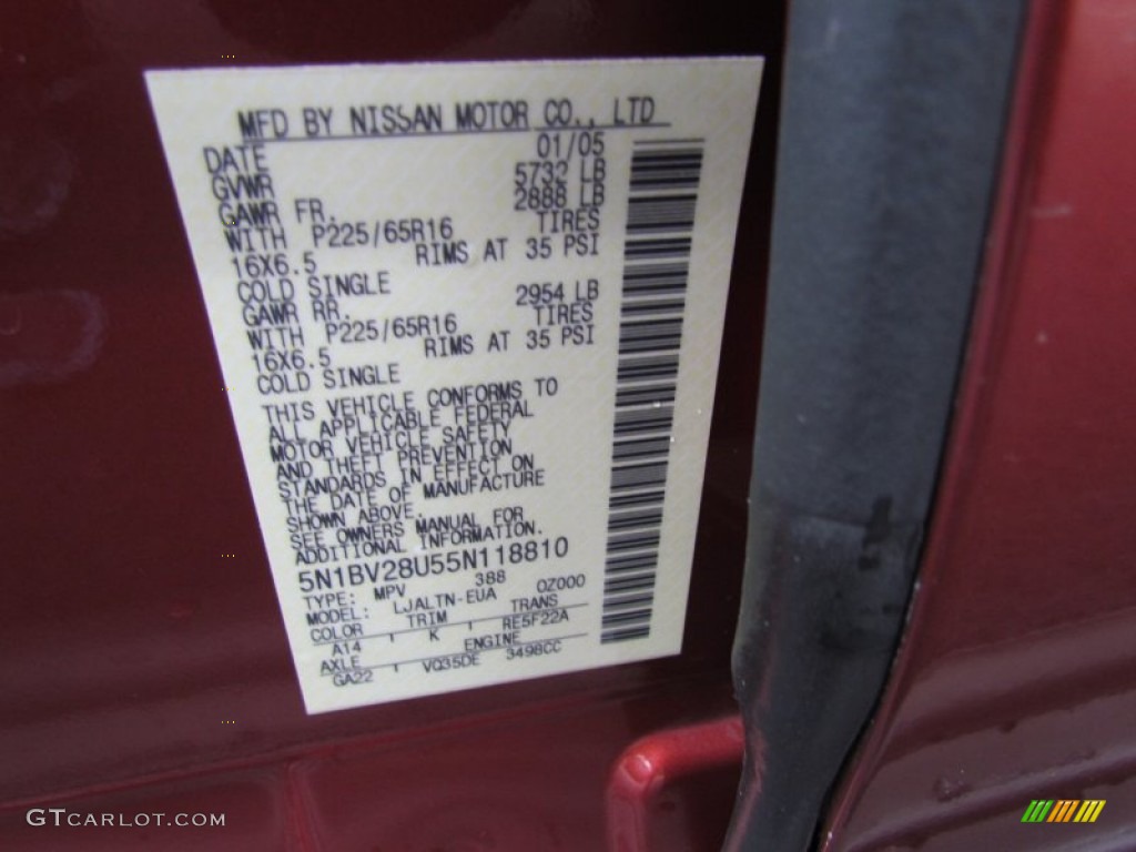 2005 Nissan Quest 3.5 SL Color Code Photos