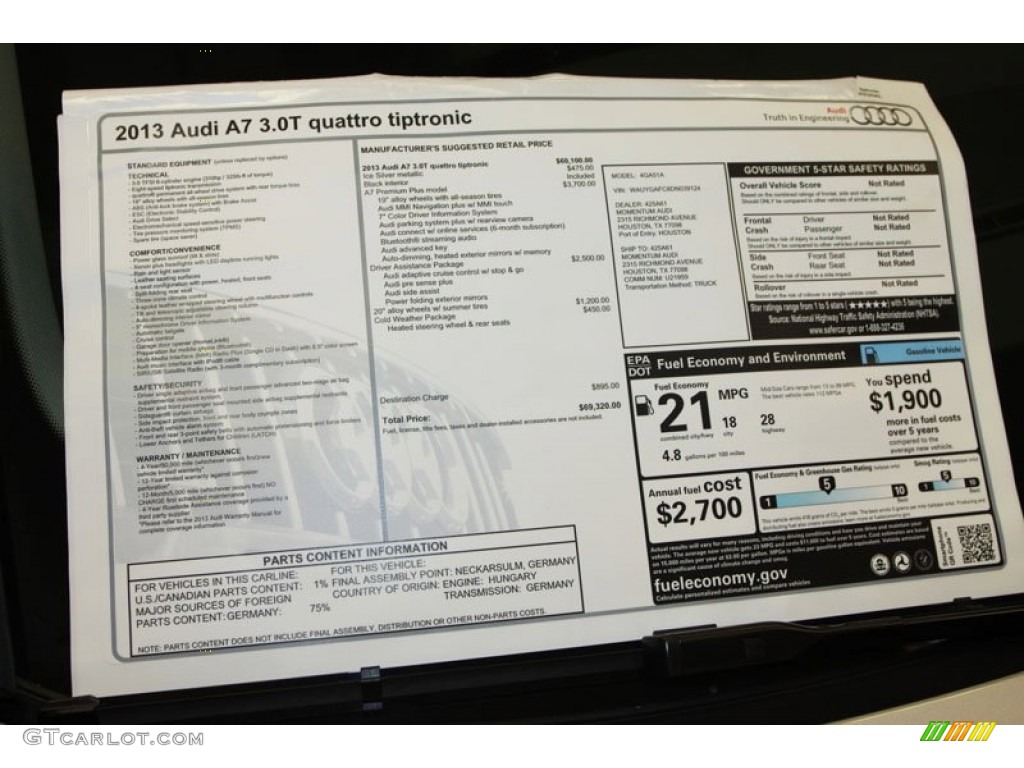 2013 Audi A7 3.0T quattro Premium Plus Window Sticker Photo #70326918