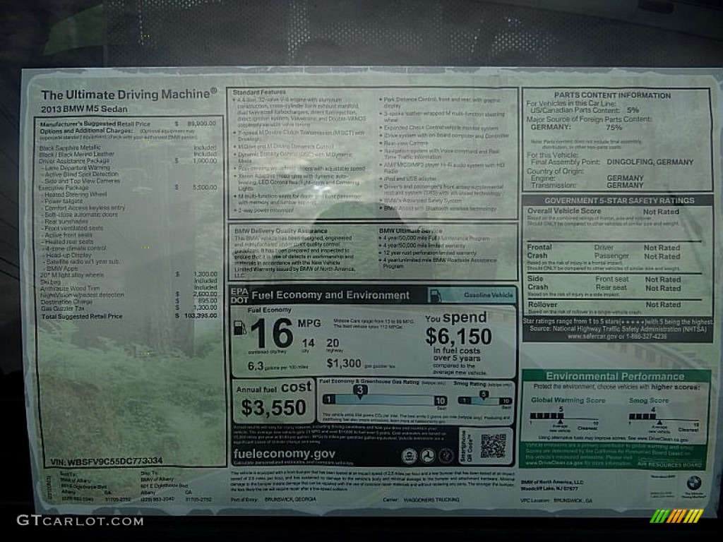 2013 BMW M5 Sedan Window Sticker Photo #70332930