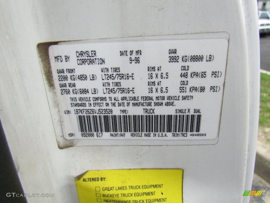 1997 Ram 2500 Color Code PW7 for Bright White Photo #70355667