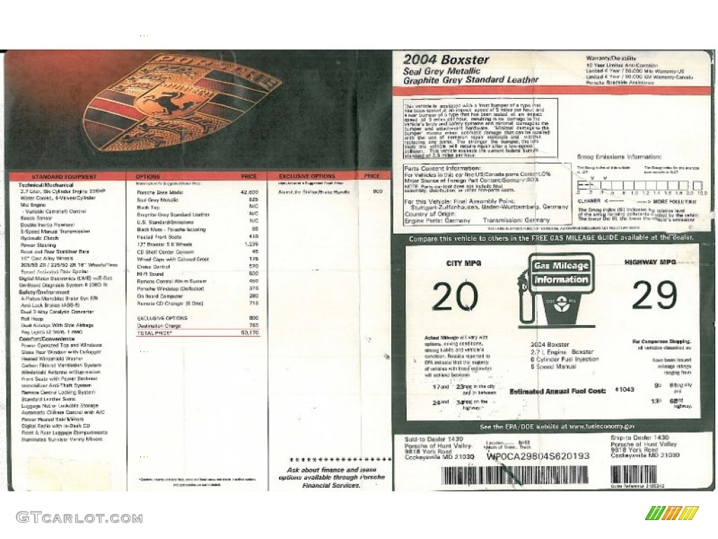 2004 Porsche Boxster Standard Boxster Model Window Sticker Photo #70377234