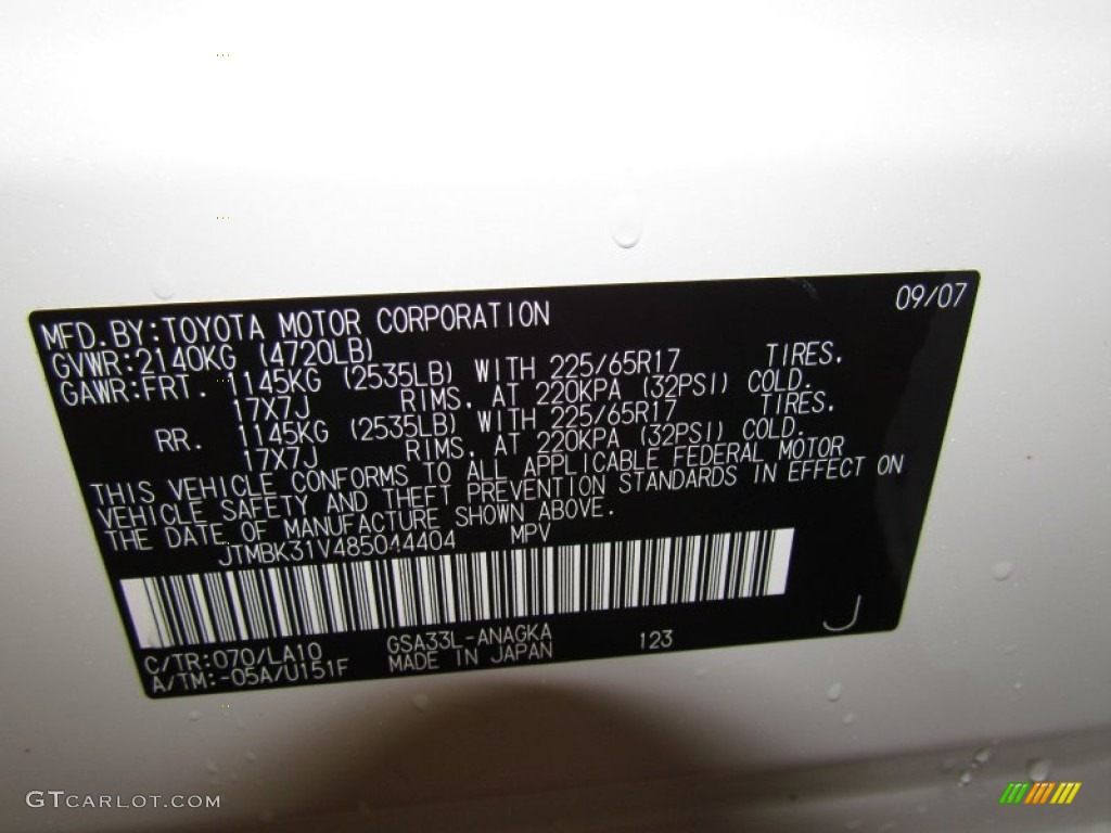 2008 Toyota RAV4 Limited V6 4WD Color Code Photos