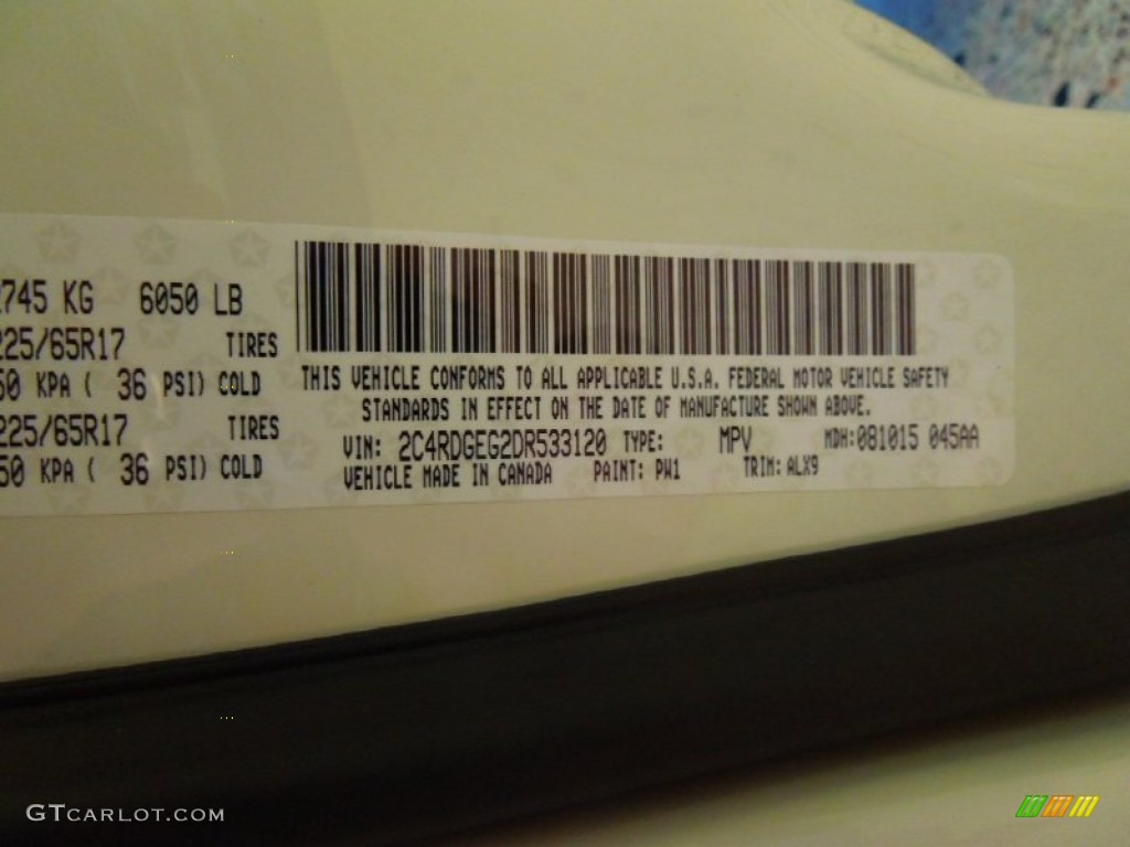 2013 Grand Caravan Color Code PW1 for Stone White Photo #70399668