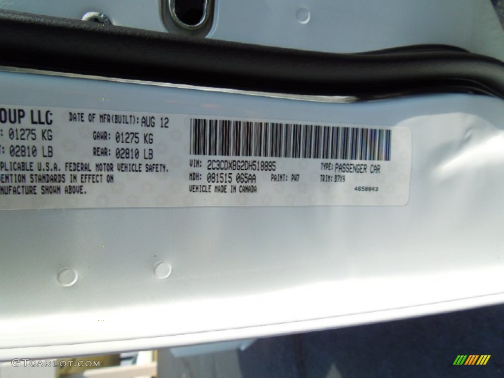 2013 Charger Color Code PW7 for Bright White Photo #70401867