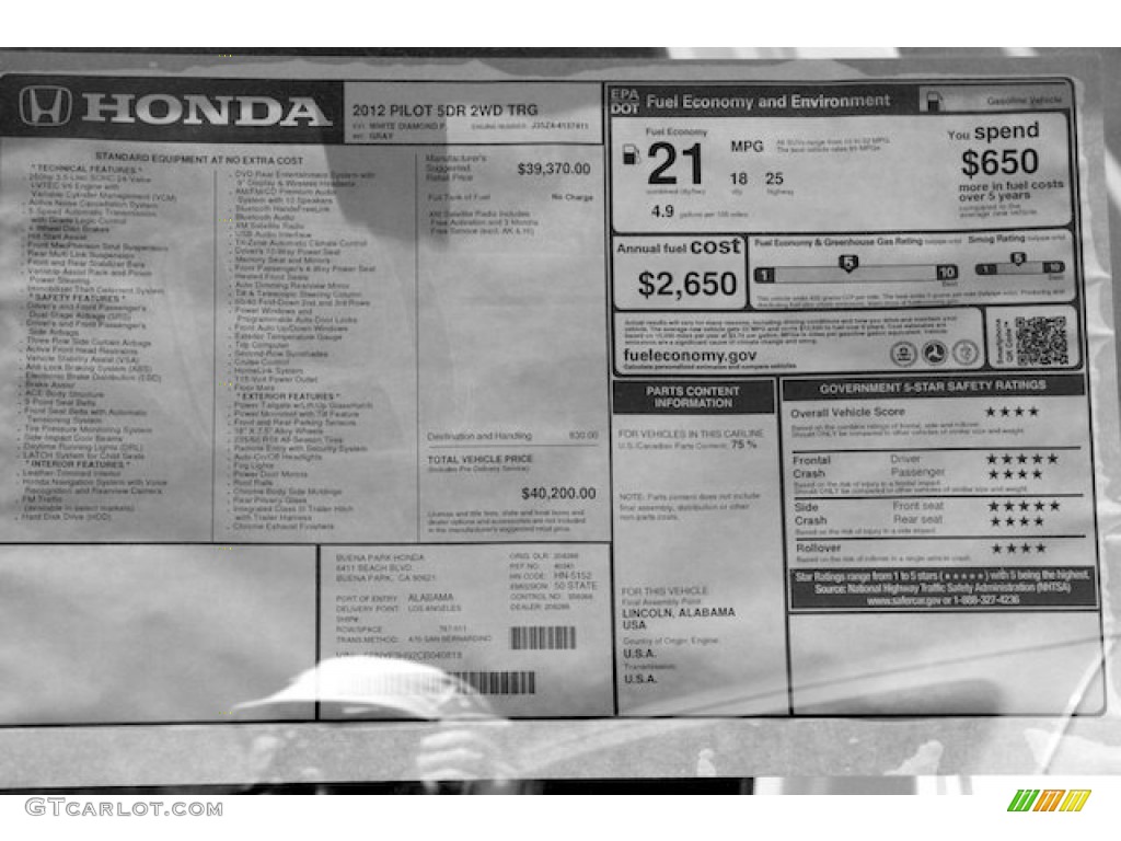 2012 Pilot Touring - White Diamond Pearl / Gray photo #24