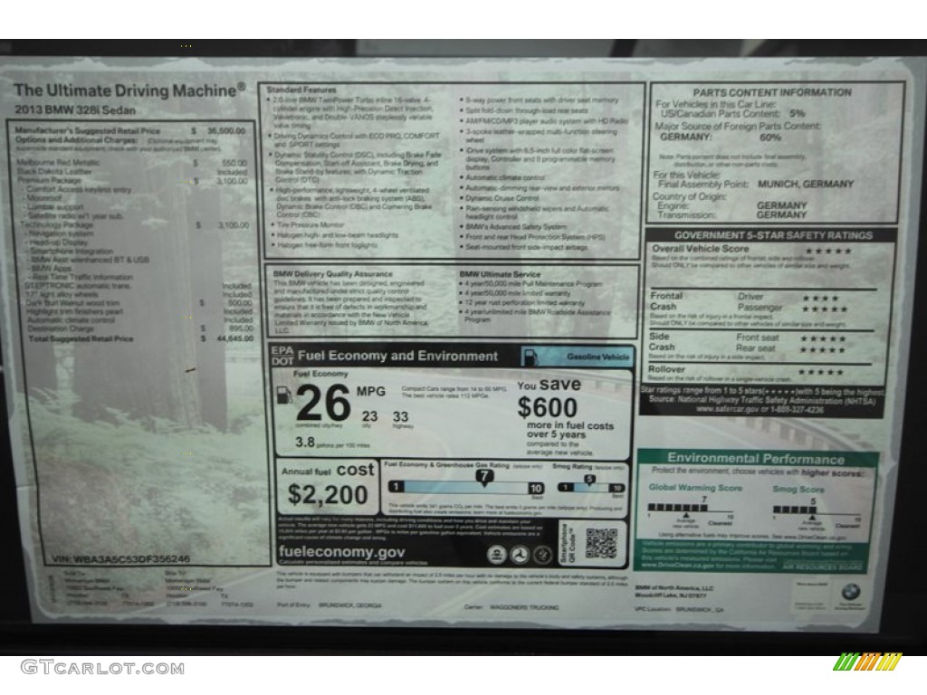 2013 BMW 3 Series 328i Sedan Window Sticker Photo #70425670