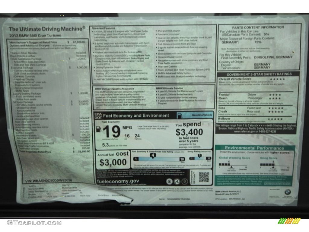 2013 BMW 5 Series 550i Gran Turismo Window Sticker Photo #70427903