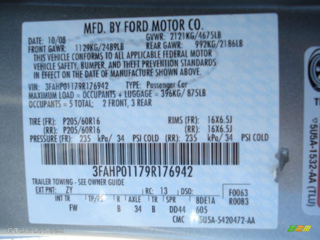 2009 Ford Fusion SE V6 AWD Color Code Photos