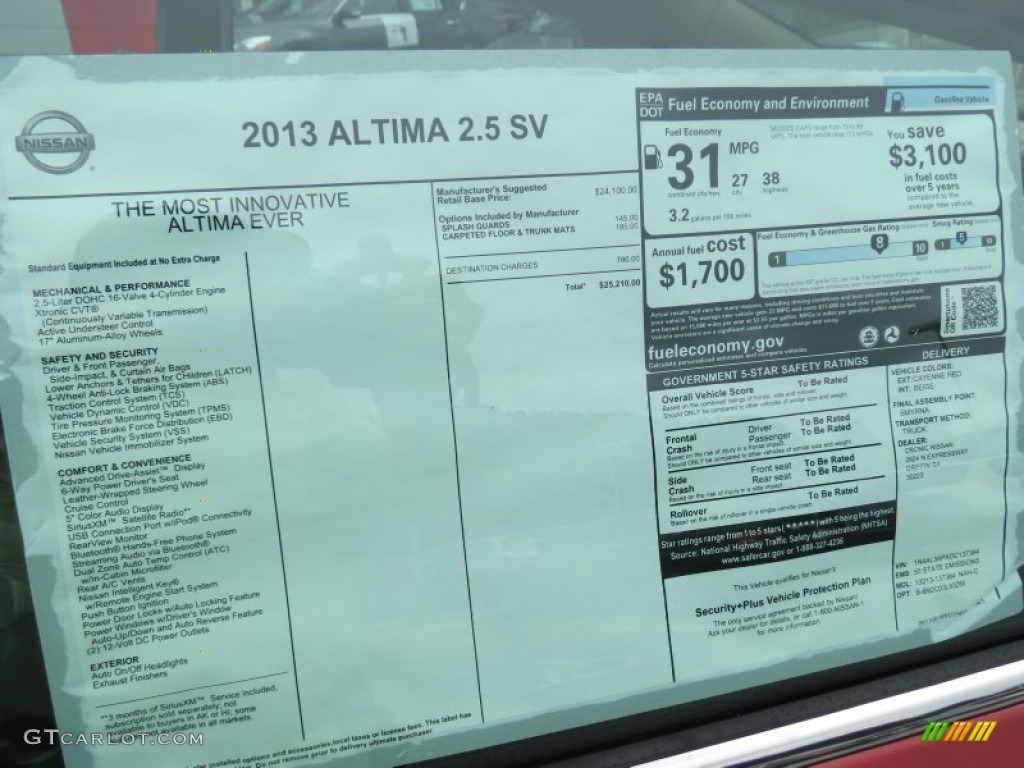 2013 Nissan Altima 2.5 SV Window Sticker Photo #70445728