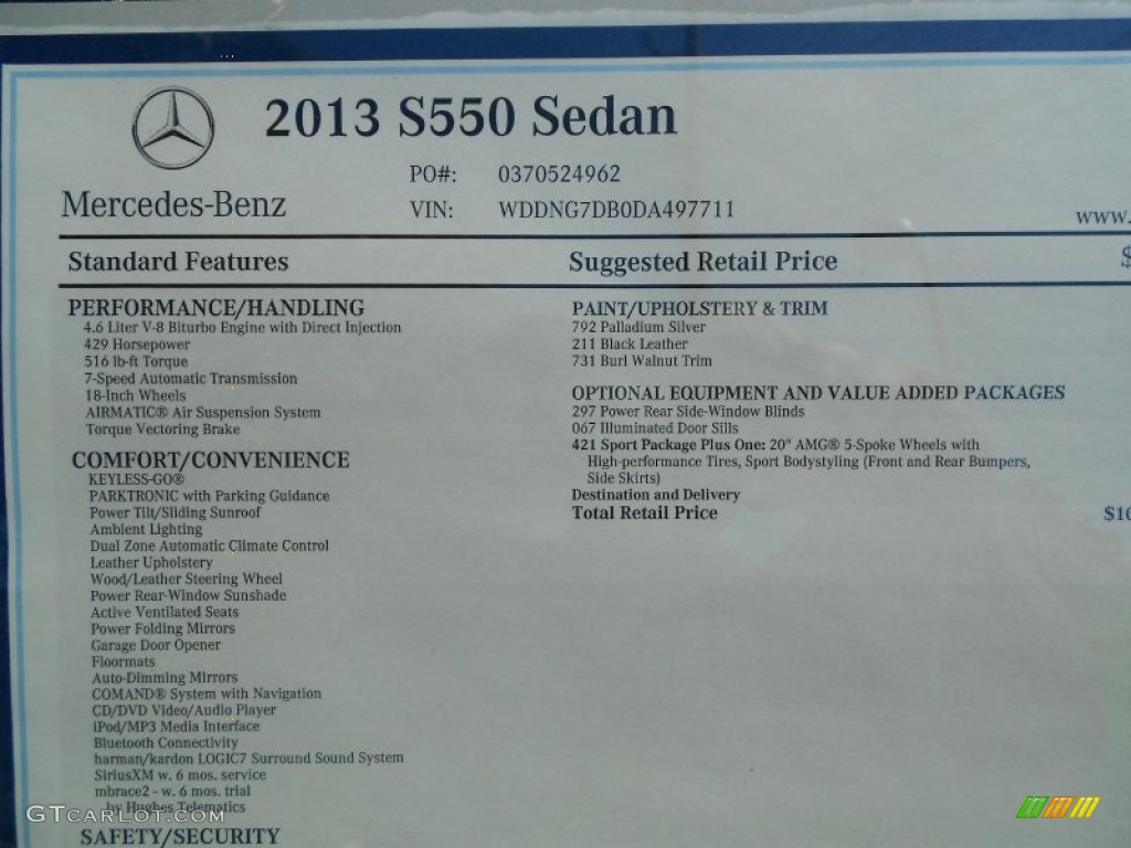 2013 S 550 Sedan - Palladium Silver Metallic / Black photo #14