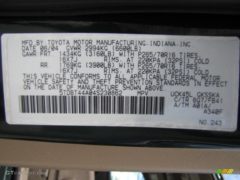 2004 Toyota Sequoia SR5 4x4 Color Code Photos