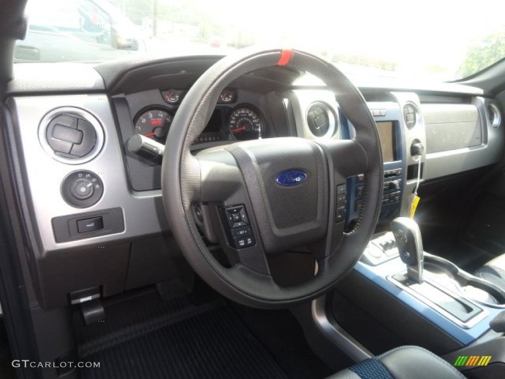 2012 Ford F150 SVT Raptor SuperCrew 4x4 Raptor Black Leather/Cloth with Blue Accent Steering Wheel Photo #70471360