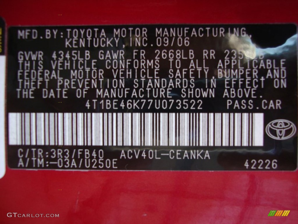 2007 Camry Color Code 3R3 for Barcelona Red Metallic Photo #70488794