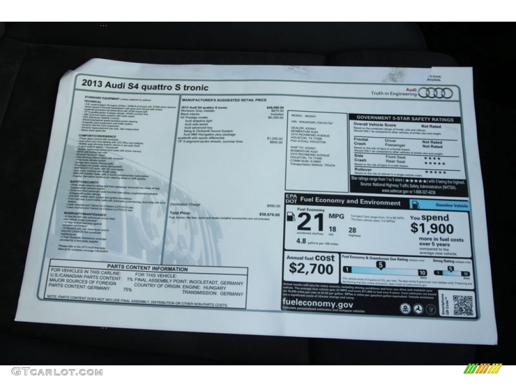 2013 Audi S4 3.0T quattro Sedan Window Sticker Photo #70495331