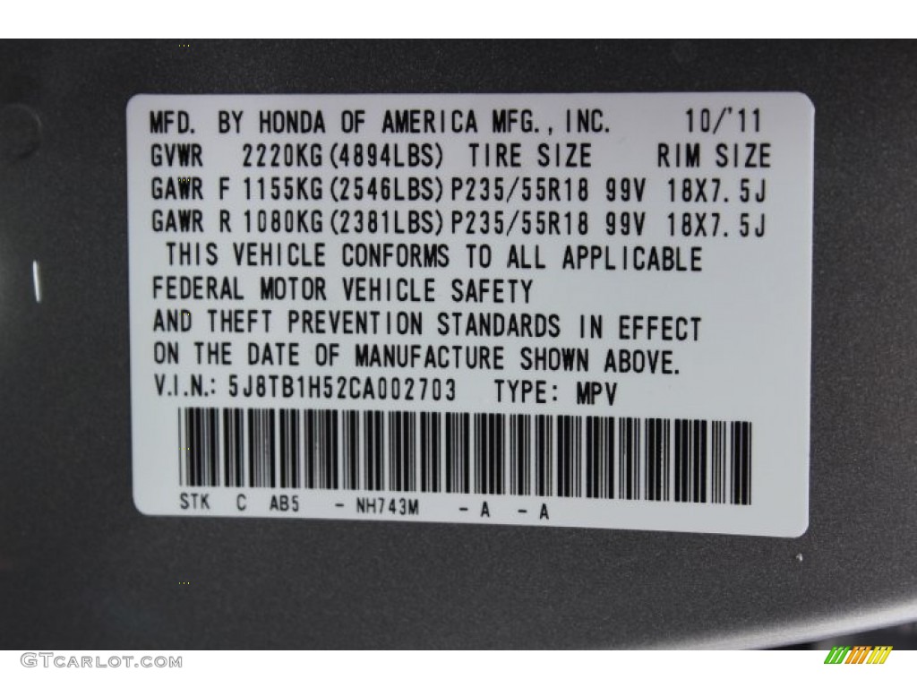 2012 RDX Color Code NH743M for Palladium Metallic Photo #70498986