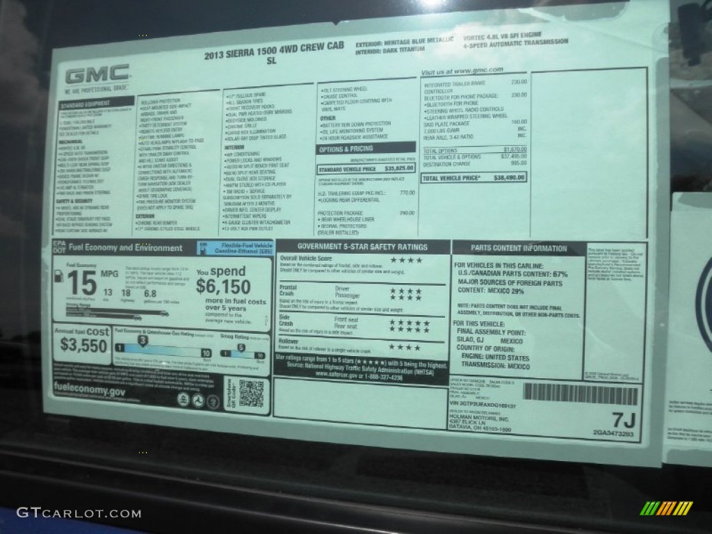 2013 GMC Sierra 1500 SL Crew Cab 4x4 Window Sticker Photos