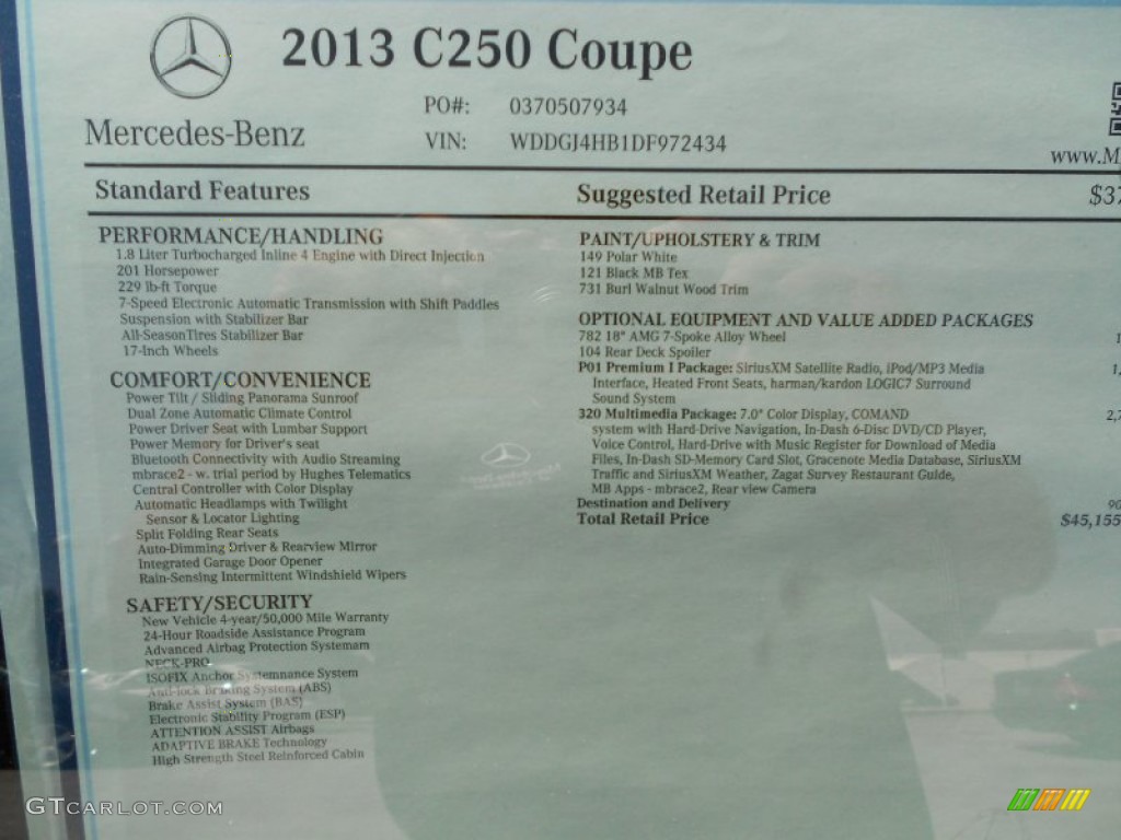 2013 Mercedes-Benz C 250 Coupe Window Sticker Photo #70545625