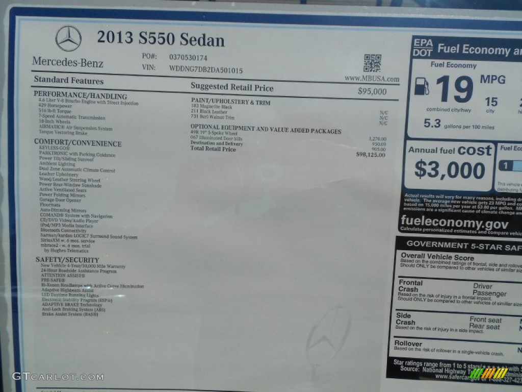 2013 Mercedes-Benz S 550 Sedan Window Sticker Photo #70545829