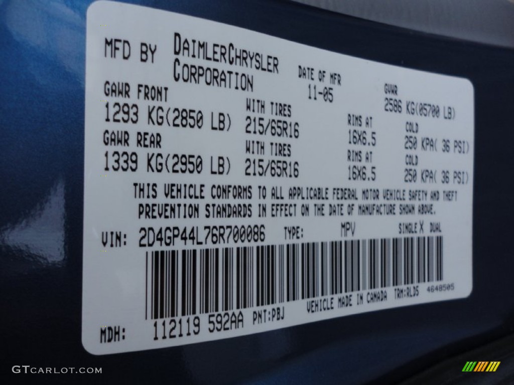 2006 Grand Caravan Color Code PBJ for Atlantic Blue Pearl Photo #70566288