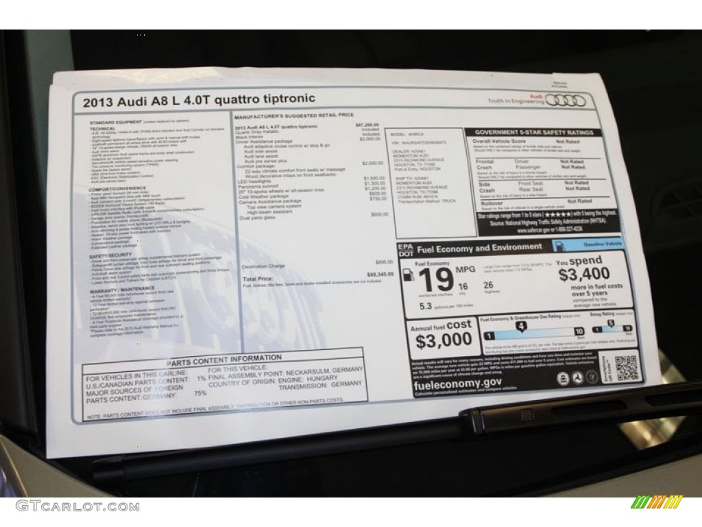 2013 Audi A8 L 4.0T quattro Window Sticker Photo #70578069