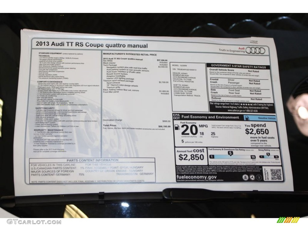 2013 Audi TT RS quattro Coupe Window Sticker Photo #70578305