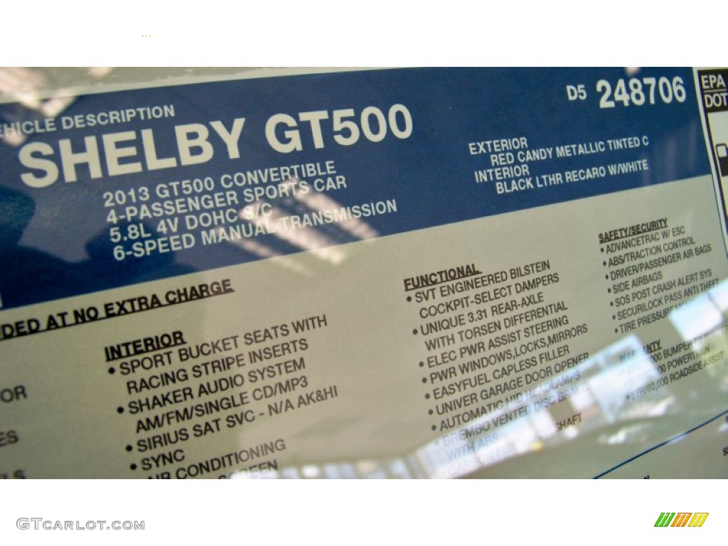 2013 Ford Mustang Shelby GT500 SVT Performance Package Convertible Window Sticker Photo #70581631