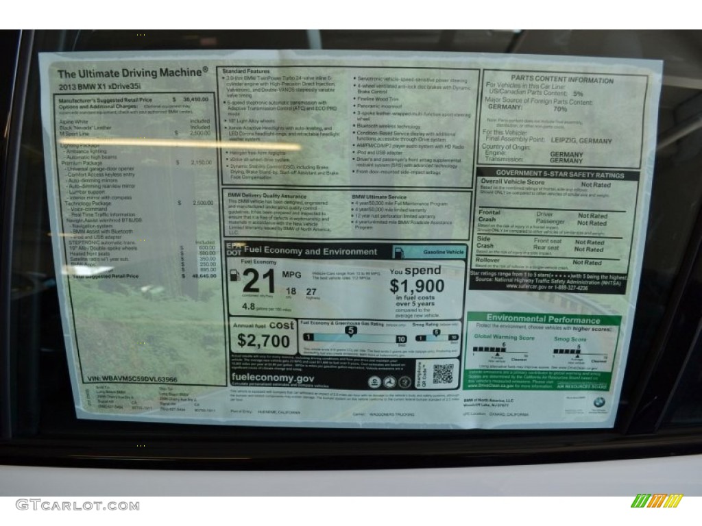 2013 BMW X1 xDrive 35i Window Sticker Photo #70589502