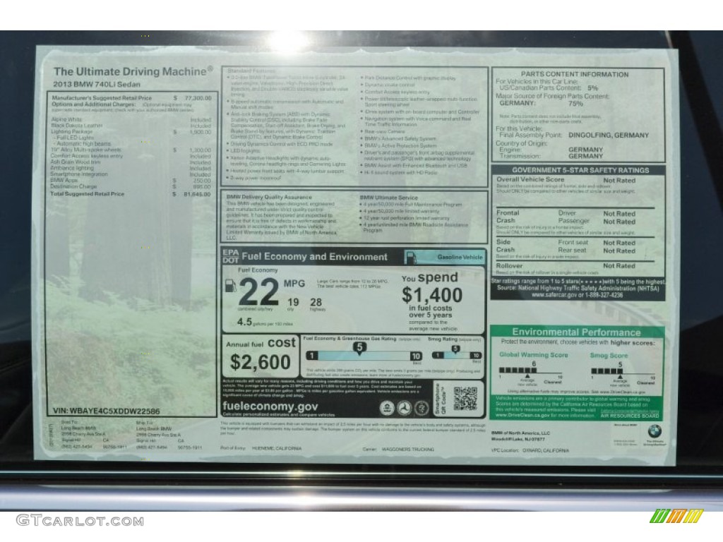2013 BMW 7 Series 740Li Sedan Window Sticker Photo #70591663
