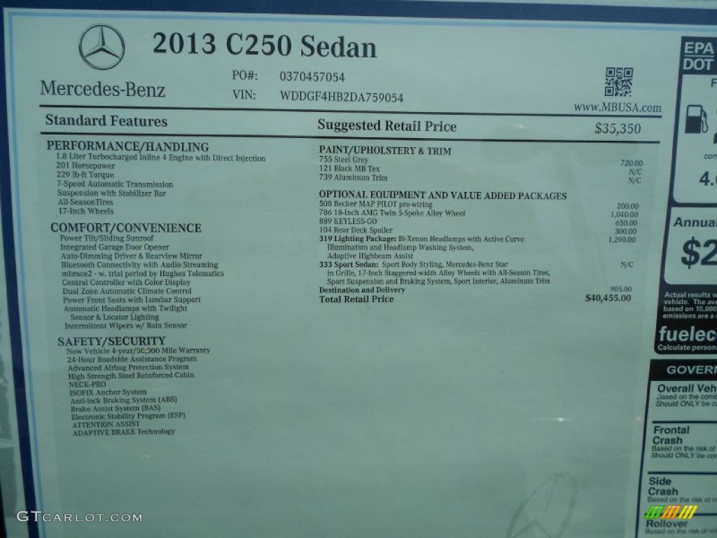 2013 Mercedes-Benz C 250 Sport Window Sticker Photo #70593060