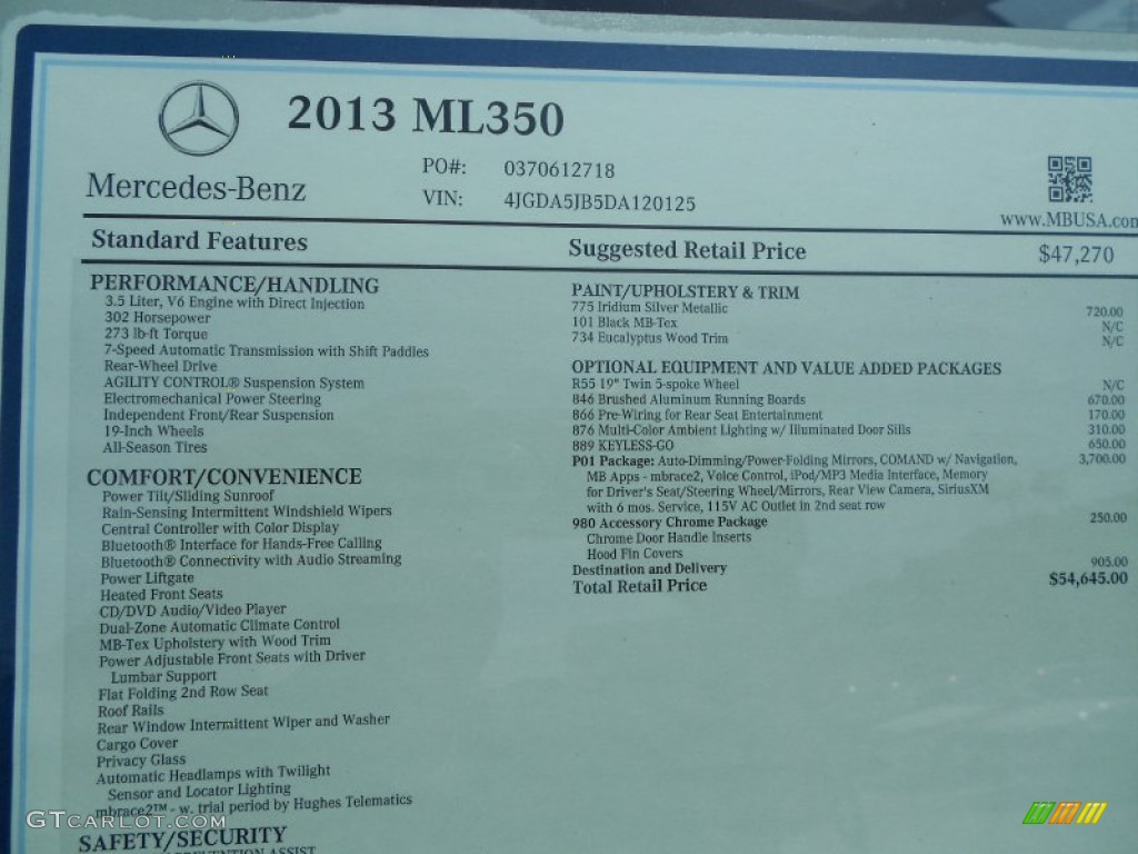 2013 Mercedes-Benz ML 350 4Matic Window Sticker Photo #70593549