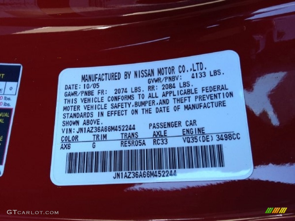 2006 350Z Color Code AX6 for Redline Photo #70595433