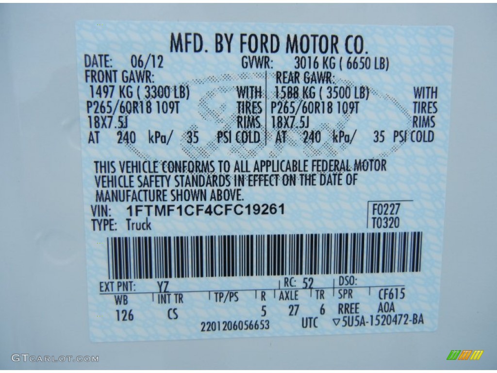 2012 Ford F150 STX Regular Cab Color Code Photos