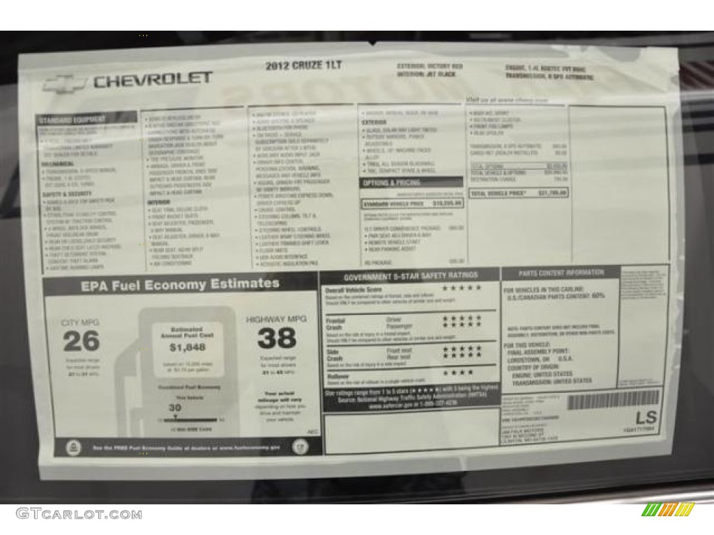 2012 Chevrolet Cruze LT/RS Window Sticker Photo #70635577