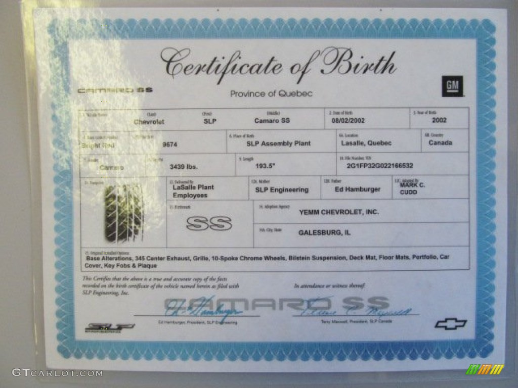2002 Chevrolet Camaro Z28 SS 35th Anniversary Edition Convertible Info Tag Photo #70649122