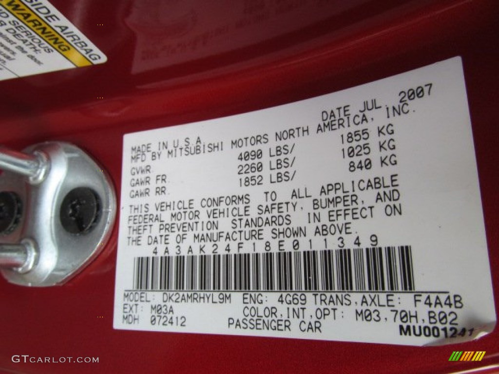 2008 Mitsubishi Eclipse GS Coupe Color Code Photos
