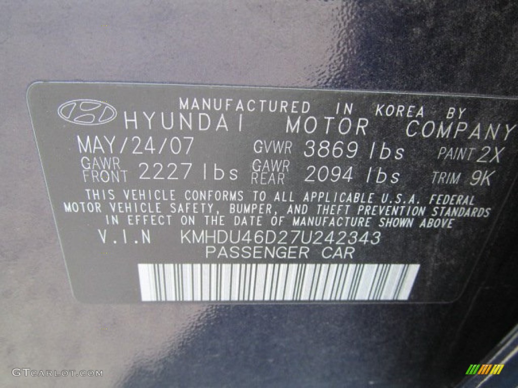 2007 Hyundai Elantra SE Sedan Color Code Photos