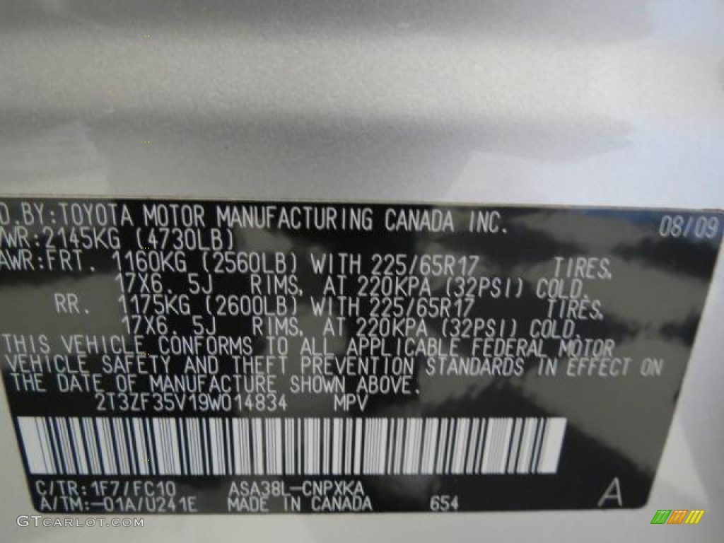 2009 RAV4 Color Code 1F7 for Classic Silver Metallic Photo #70684582