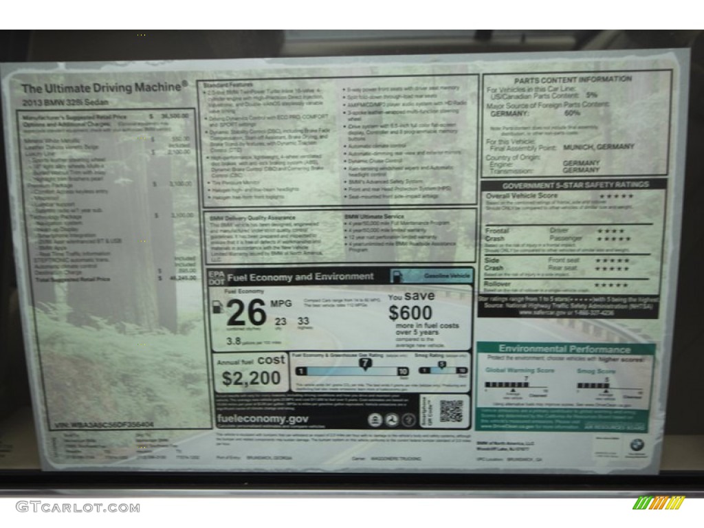 2013 BMW 3 Series 328i Sedan Window Sticker Photo #70692401