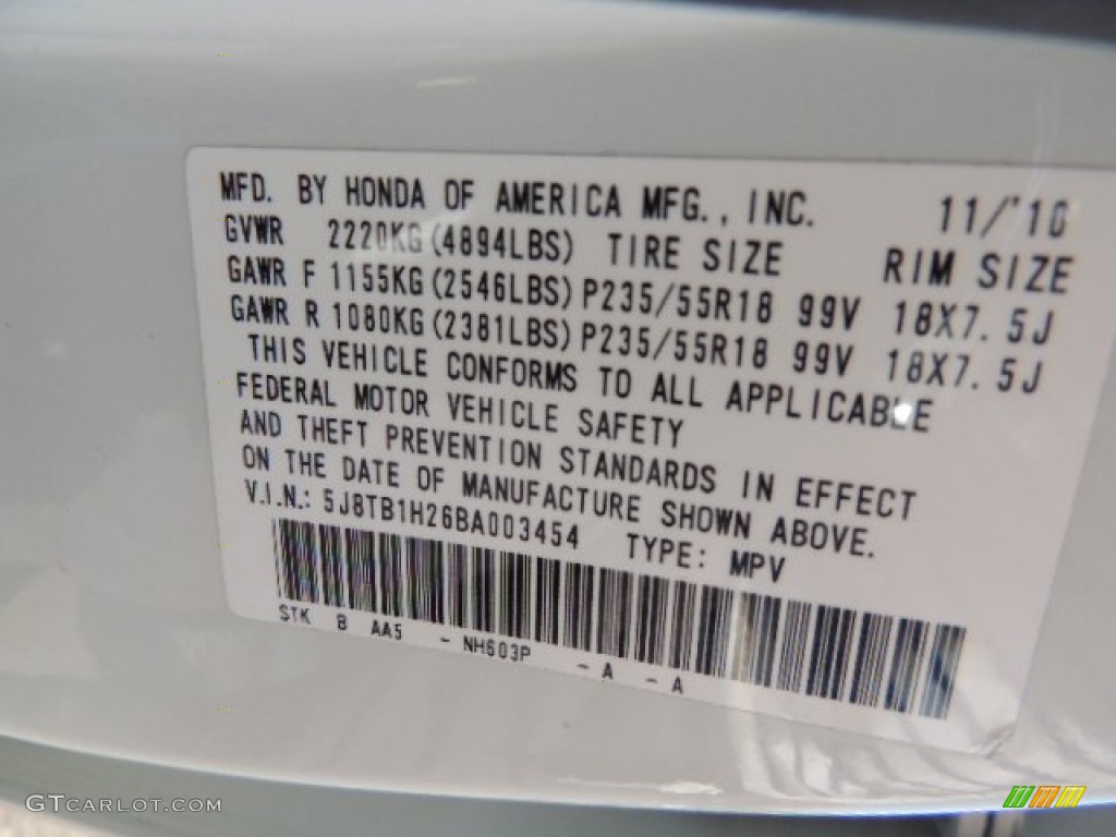 2011 RDX Color Code NH503P for White Diamond Pearl Photo #70706918