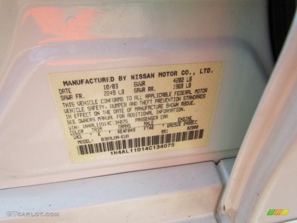2004 Altima Color Code QX3 for Satin White Photo #70727885