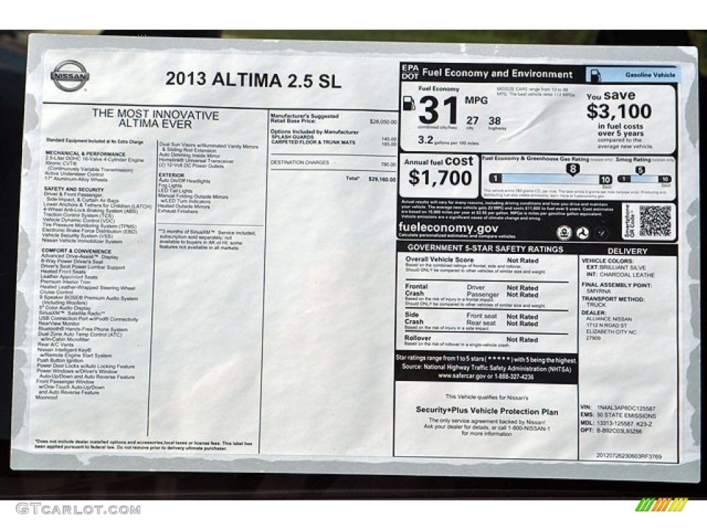 2013 Nissan Altima 2.5 SL Window Sticker Photo #70750058