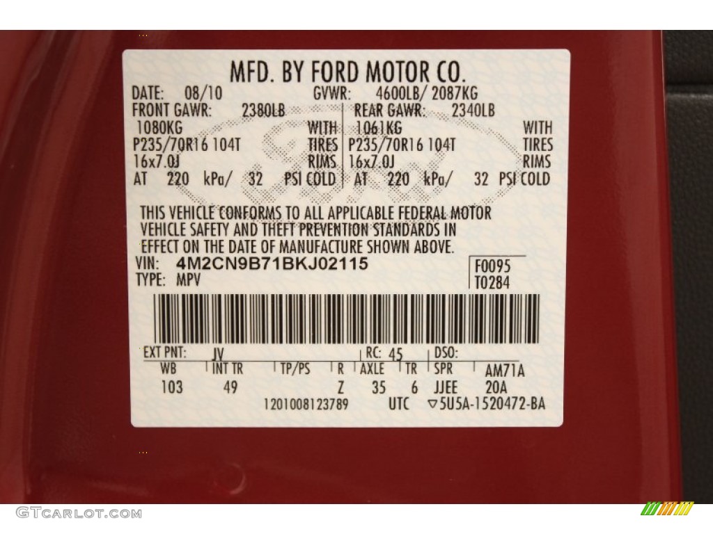 2011 Mercury Mariner I4 AWD Color Code Photos
