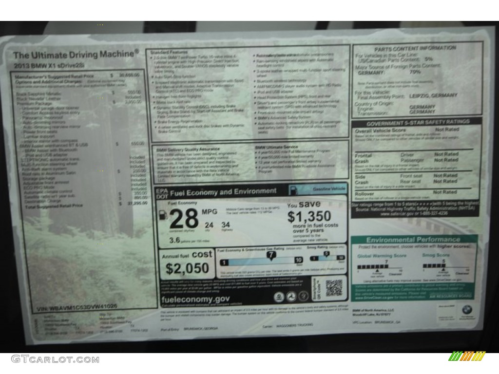 2013 BMW X1 sDrive 28i Window Sticker Photo #70782668