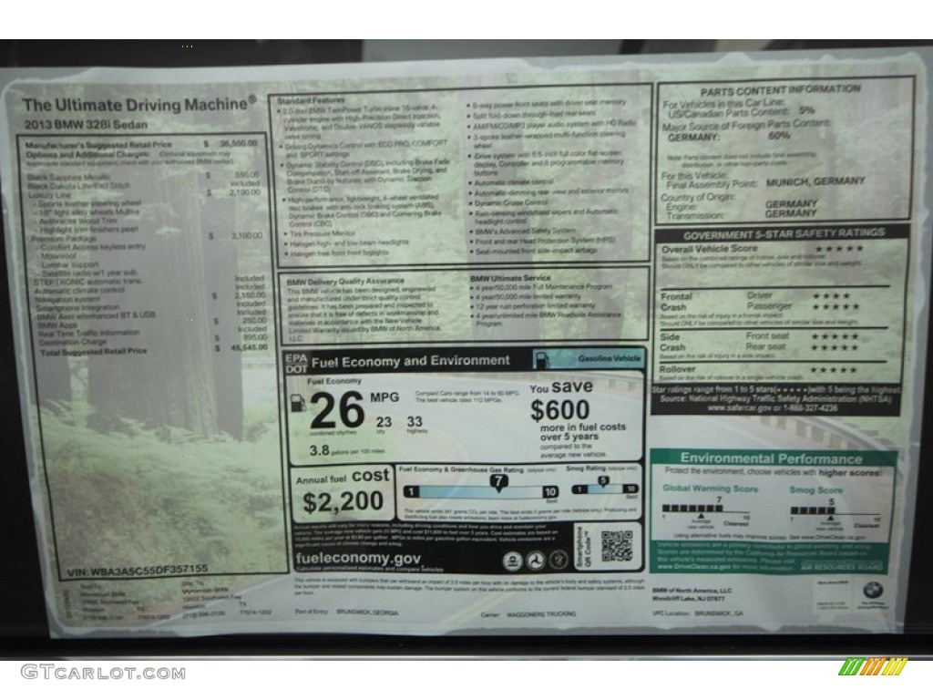 2013 BMW 3 Series 328i Sedan Window Sticker Photo #70783580