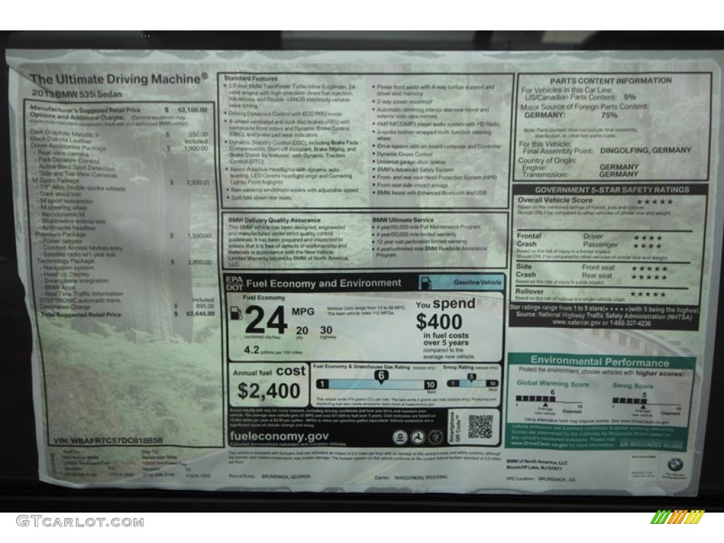 2013 BMW 5 Series 535i Sedan Window Sticker Photo #70784042