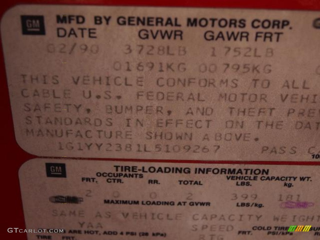 1990 Chevrolet Corvette Coupe Info Tag Photo #70796033