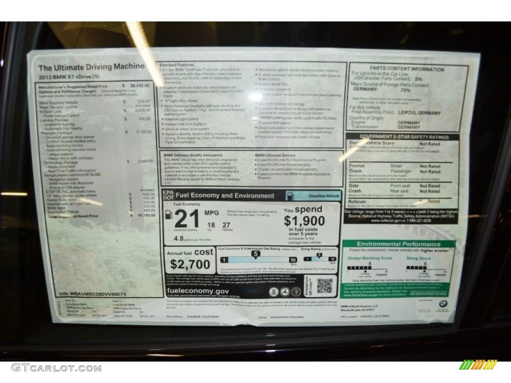 2013 BMW X1 xDrive 35i Window Sticker Photo #70808711