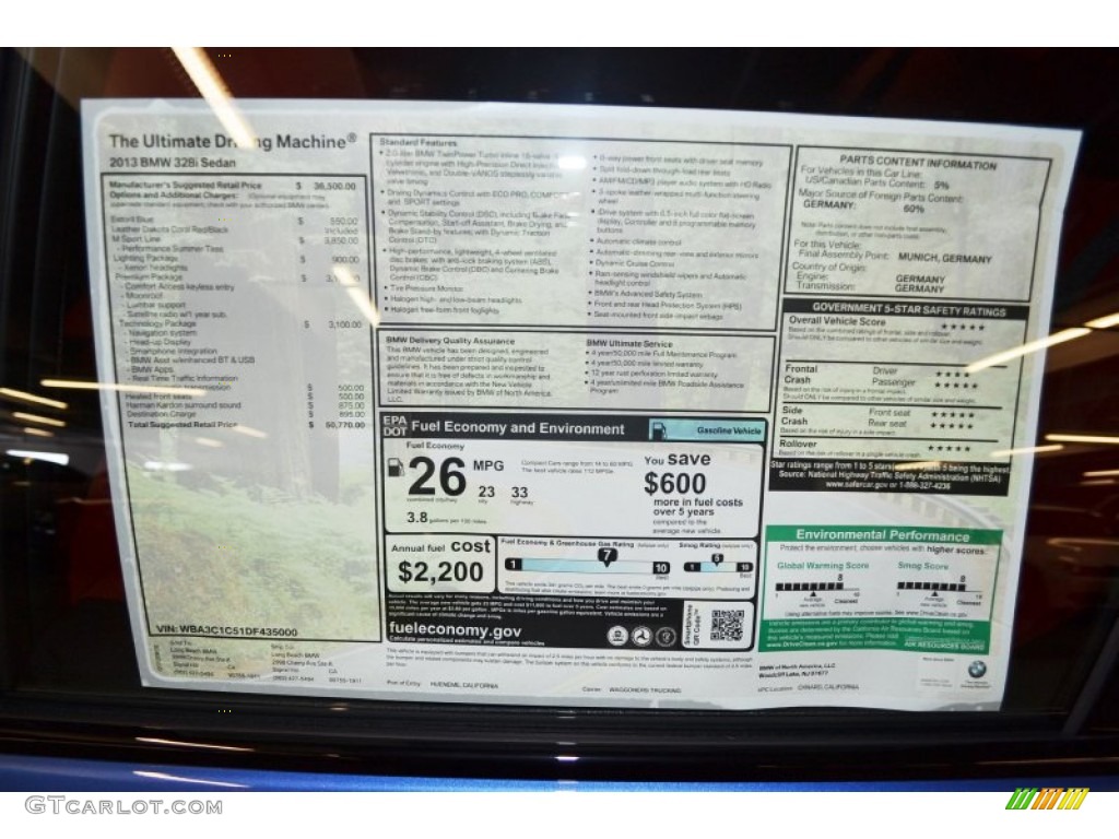 2013 BMW 3 Series 328i Sedan Window Sticker Photo #70809941